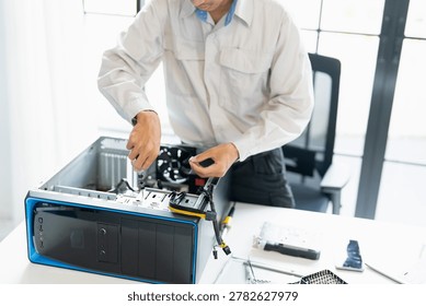 IT Engineer installing Hardware Equipment Development Facility Engineer  Maintenance computer Motherboard Electronic repair shop technology business.