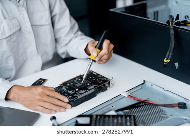 IT Engineer installing Hardware Equipment Development Facility Engineer  Maintenance computer Motherboard Electronic repair shop technology business.