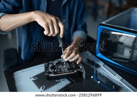 IT Engineer installing Hardware Equipment Development Facility Engineer  Maintenance computer Motherboard Electronic repair shop technology business.