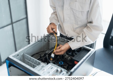 IT Engineer installing Hardware Equipment Development Facility Engineer  Maintenance computer Motherboard Electronic repair shop technology business.