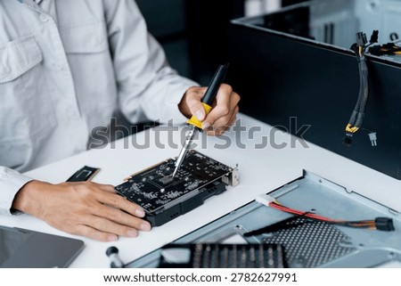 IT Engineer installing Hardware Equipment Development Facility Engineer  Maintenance computer Motherboard Electronic repair shop technology business.