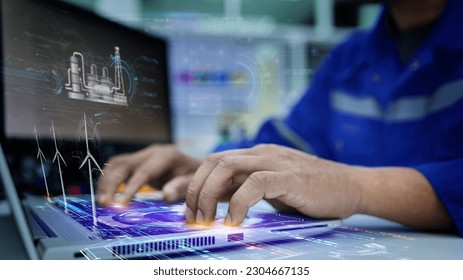 An engineer looks at the power output of a wind turbine generated by a graphical holographic screen and uses AI artificial intelligence to analyze data. Clean energy technology and renewable energy. - Powered by Shutterstock