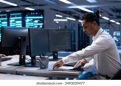 Engineer maintaining accurate documentation of data center infrastructure, configurations, and procedures. Server room employee establishing performance benchmarks and conduct analysis