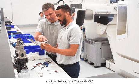 Engineer And Male Apprentice Measuring Components In Hi Tech Engineering Plant