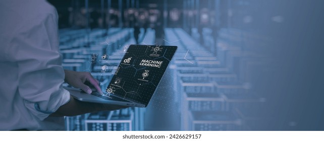 Engineer male using latop computer for AI advancements with machine learnin  (Ml ) and deep learning  and NLP in network server room background. - Powered by Shutterstock