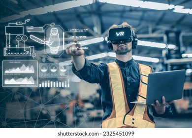 Engineer male using VR virtual reality technology in modern warehouse factory new innovation engineering