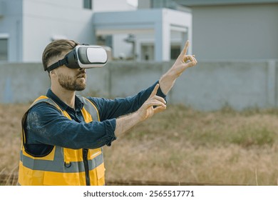 Engineer male worker using Visual reality VR or Augmented reality AR technology in construction industry. Modern digital innovation in engineering concept. - Powered by Shutterstock - Get 15% off with code: PIKWIZARD15