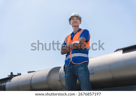 Engineer Man Standing by Train Carriages with Arms Crossed on Train Tracks, Industrial Worker with Arms Crossed Overlooking Rail Yard, Man in Hard Hat and Safety Vest by Freight Train