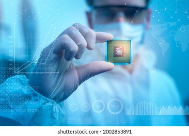 Engineer man  in sterile suit is holding Microchip with symbols in modern design factory  , futuristic and artificial intelligence concept 