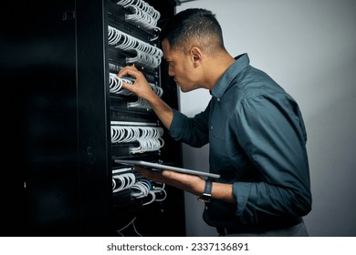 Engineer man, tablet and cables in server room inspection, thinking or check for analysis, night and programming. Information technology expert, touchscreen or database with problem solving mindset