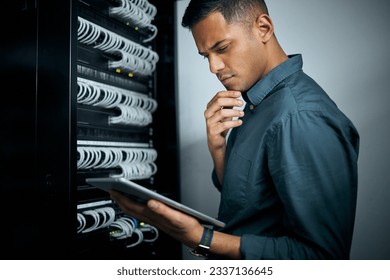 Engineer man, tablet and thinking in server room inspection, coding and check for analysis, night or programming. Information technology expert, touchscreen or database for mindset, idea or solution