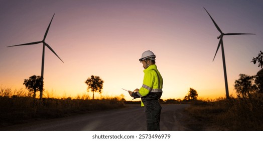 Engineer man working with tablet at windmill farm Generating electricity clean energy. Wind turbine farm generator by alternative green energy.