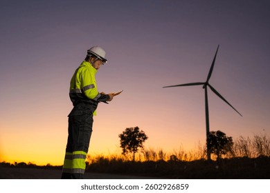 Engineer man working with tablet at windmill farm Generating electricity clean energy. Wind turbine farm generator by alternative green energy.