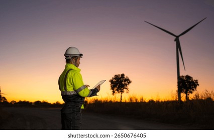 Engineer man working with tablet at windmill farm Generating electricity clean energy. Wind turbine farm generator by alternative green energy.