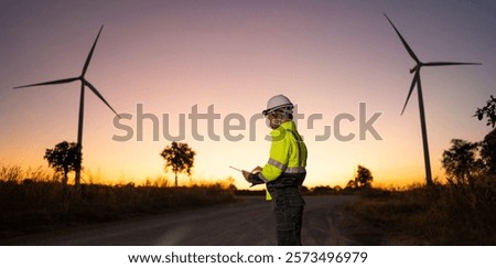 Engineer man working with tablet at windmill farm Generating electricity clean energy. Wind turbine farm generator by alternative green energy.