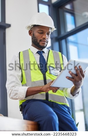 Engineer manager, tablet and black man working on construction strategy plan, maintenance inspection and building online report. African man, architect contractor and site planner on digital tech