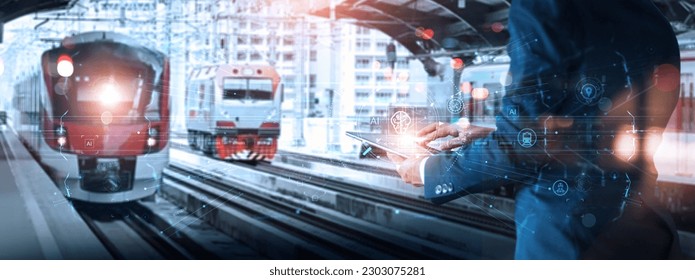 Engineer manager use tablets and AI systems. Inspect and control the operation of the sky train - Shutterstock ID 2303075281