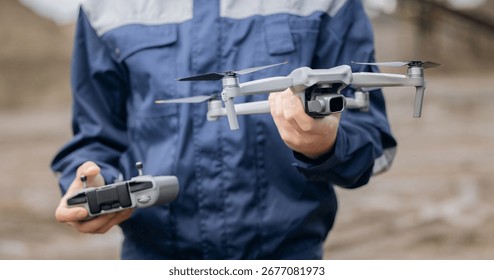 Engineer mining hold drone, concept technology for industry work.
