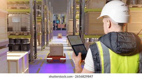 Engineer monitors autonomous robots with tablet in high-tech warehouse with crates and barrels. Focus on automation, logistics, and modern supply chain. Industry: Logistics, Warehouse.