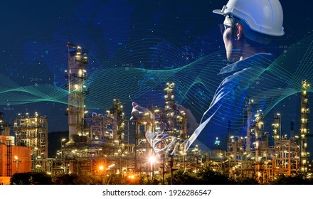 engineer oil gas energy plant industry night light smart city background, power energy and sustainable resource environment technology   