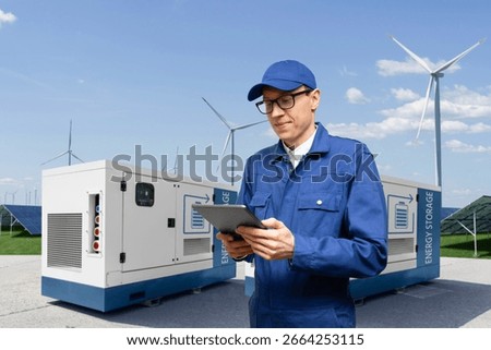 Engineer on a backround of solar panels with renewable energy storages