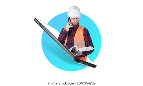 Engineer on the smartphone screen. Man with a mobile phone and drawings. Collage in a magazine style. Construction, architecture, engineering. Guy in a white helmet. Consulting customers by phone.