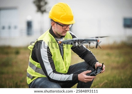 Engineer operating with drone by remote control. Concept of cybernetics and robotics