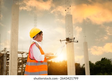 Engineer operating drone at construction site for industrial inspection and surveillance, ensuring safety, power infrastructure development, and environmental monitoring with advanced remote control t