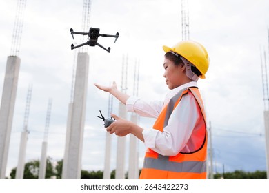 Engineer operating drone at construction site for industrial inspection and surveillance, ensuring safety, power infrastructure development, and environmental monitoring with advanced remote control t - Powered by Shutterstock - Get 15% off with code: PIKWIZARD15