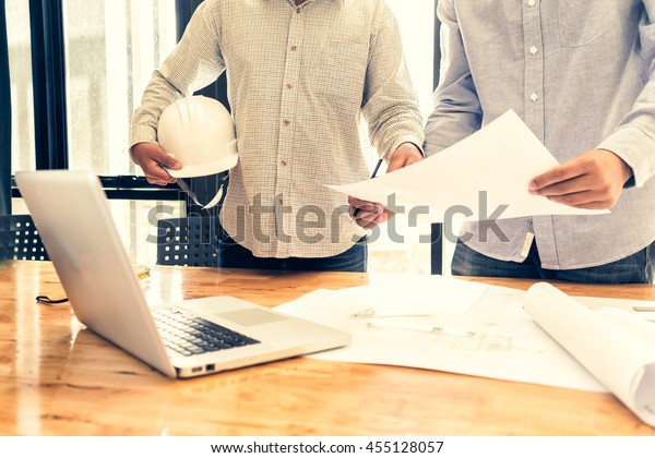 engineer people meeting working in office for\
discussing, engineering concept, architecture concept, soft focus,\
vintage tone
