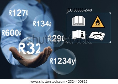 Engineer pointing on warning sign flammable refrigerant service indicator and read technical manual operator manual opering instruction refrigerant safety group follow IEC 60335 2 40 .