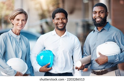 Engineer Portrait, Architect Work And Smile For Team Collaboration On Construction Design In The City, Working On Building Architecture And Happy With Partnership. Team Of Maintenance Workers On Site