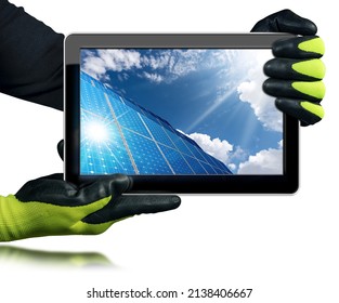 Engineer With Protective Work Gloves Showing A Digital Tablet Computer With A Group Of Solar Panels Inside The Screen. Isolated On White Background. Solar Energy Concept.