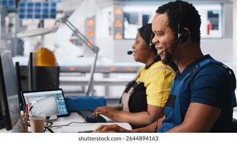 Engineer provides technical support via headset in solar panel factory, operator assists customers with solar equipment issues. Ensuring efficient communication on the helpline. Camera A.