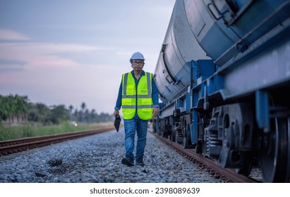 Engineer railway under checking construction process oil cargo train and checking railway work on railroad station with tablet .Engineer wearing safety uniform and safety helmet in work.