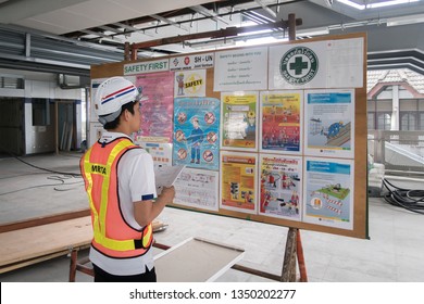 The Engineer Reading Notice Board Of Safety Policy Before Working In Construction Site In Bangkok Thailand On 26 March 2019. Selective Focus