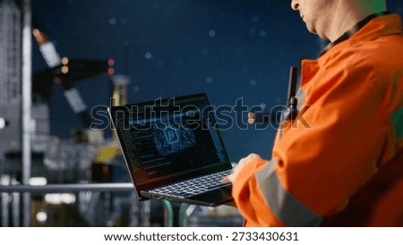 Engineer reviews artificial intelligence systems for offshore oil platform operations, managing fuel extraction through neural networks and deep learning simulation. Fuel production.
