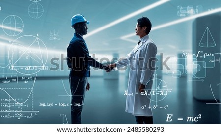 Engineer and scientist shaking hands. Science technology.