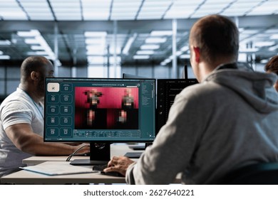 Engineer in server hub coding AI program turning text prompt into photos. IT specialist in data center using computer to build text to image artificial intelligence generative models