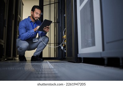 Engineer, server room and man with tablet for database connection cable, maintenance or software update at night. Cybersecurity wire, it and male coder with technology for networking in data center. - Powered by Shutterstock - Get 15% off with code: PIKWIZARD15