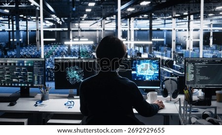 Engineer in server room using AI to review infrastructure diagnostics on devices. IT expert in data center analyzing performance data using artificial intelligence to maintain system uptime, camera A