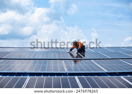 Image, Stock Photo Aerial view of solar farm. Sustainable renewable energy and modern photovoltaic technology for eco-friendly electricity production. Solar power station. Green energy solutions. Solar panel technology.