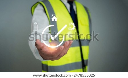 Engineer showing symbol checking the list of documents and approving the project, Approved buildings permit concept with approved residential building project, Construction project inspection.