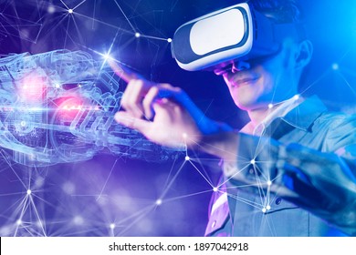 Engineer Smart Factory Machine AR Augmented Reality Technology Futuristic Industry VR Technology Robot Arm Control, Engineer In Factory Using Computer To Control Machine.