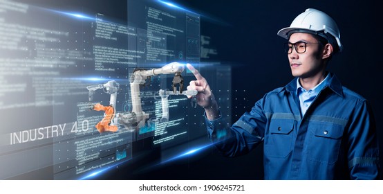 Engineer Smart Factory Machine AR Augmented Reality Technology Futuristic Industry VR Technology Robot Arm Control, Engineer In Factory Using Computer To Control Machine.