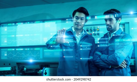 Engineer smart factory machine augmented reality digital technology futuristic, industry artificial intelligence technology app system production control