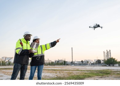 Engineer Specialists Pilot Drone on Construction Site. Architectural Engineer and Safety Engineering Inspector Fly Drone at industrial plant.