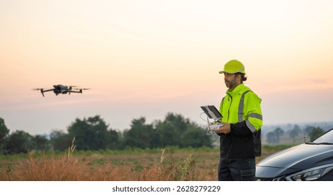 Engineer Specialists Pilot Drone on Construction Site. Architectural Engineer and Safety Engineering Inspector Fly Drone at industrial plant.