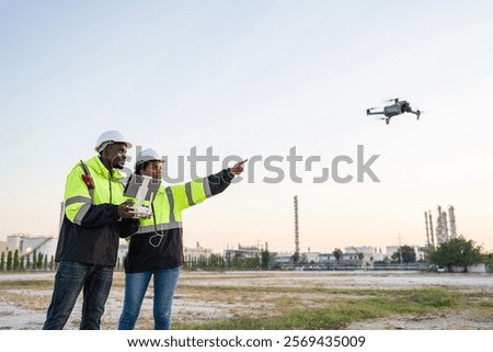 Engineer Specialists Pilot Drone on Construction Site. Architectural Engineer and Safety Engineering Inspector Fly Drone at industrial plant.