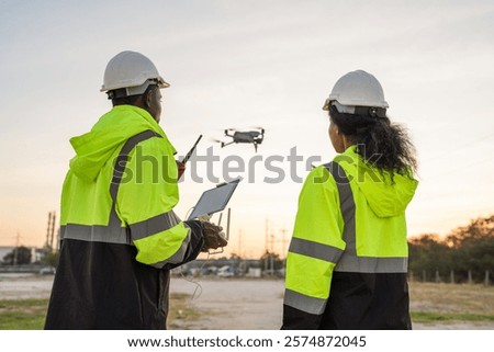 Engineer Specialists Pilot Drone on Construction Site. Architectural Engineer and Safety Engineering Inspector Fly Drone at industrial plant.